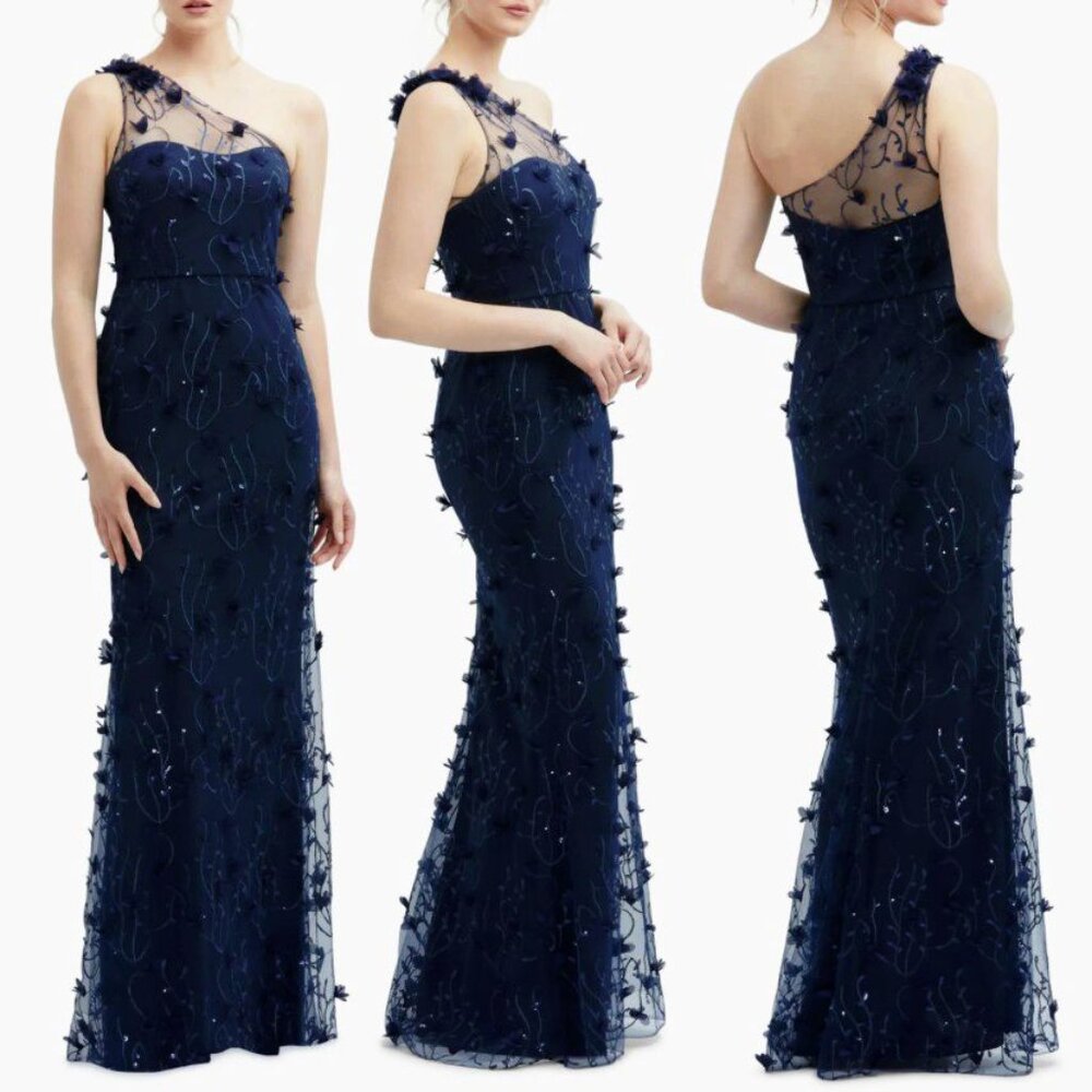 Dessy Collection Size 22W One Shoulder Fit and Flare 3D Floral Appliqué Gown